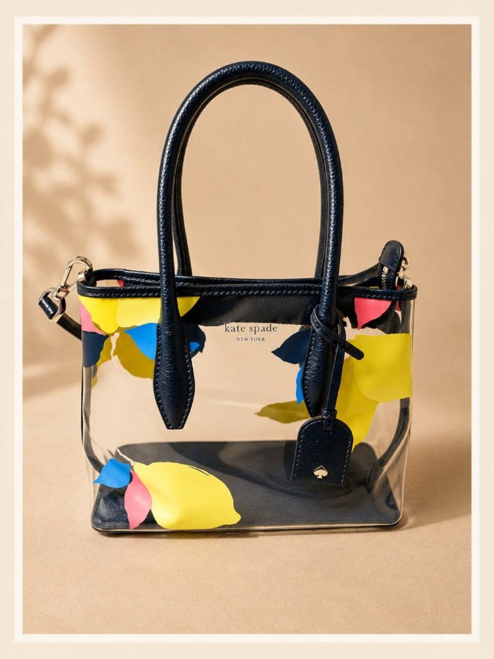 kate spade Clear Tote with Navy Trim and Yellow, Blue, Pink Floral Accents
